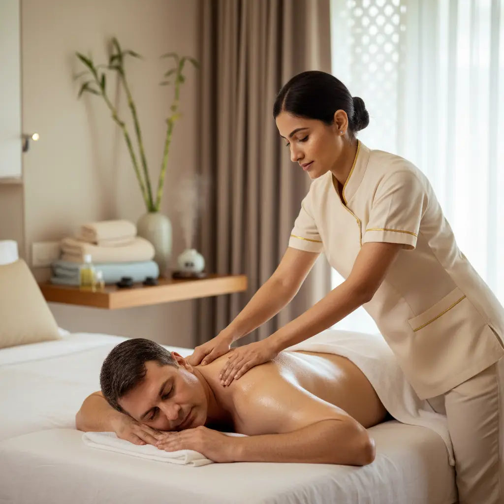 Female Therapist Adjusting Massage Pressure On Male Client Shoulders During Relaxing Nuru Massage Session