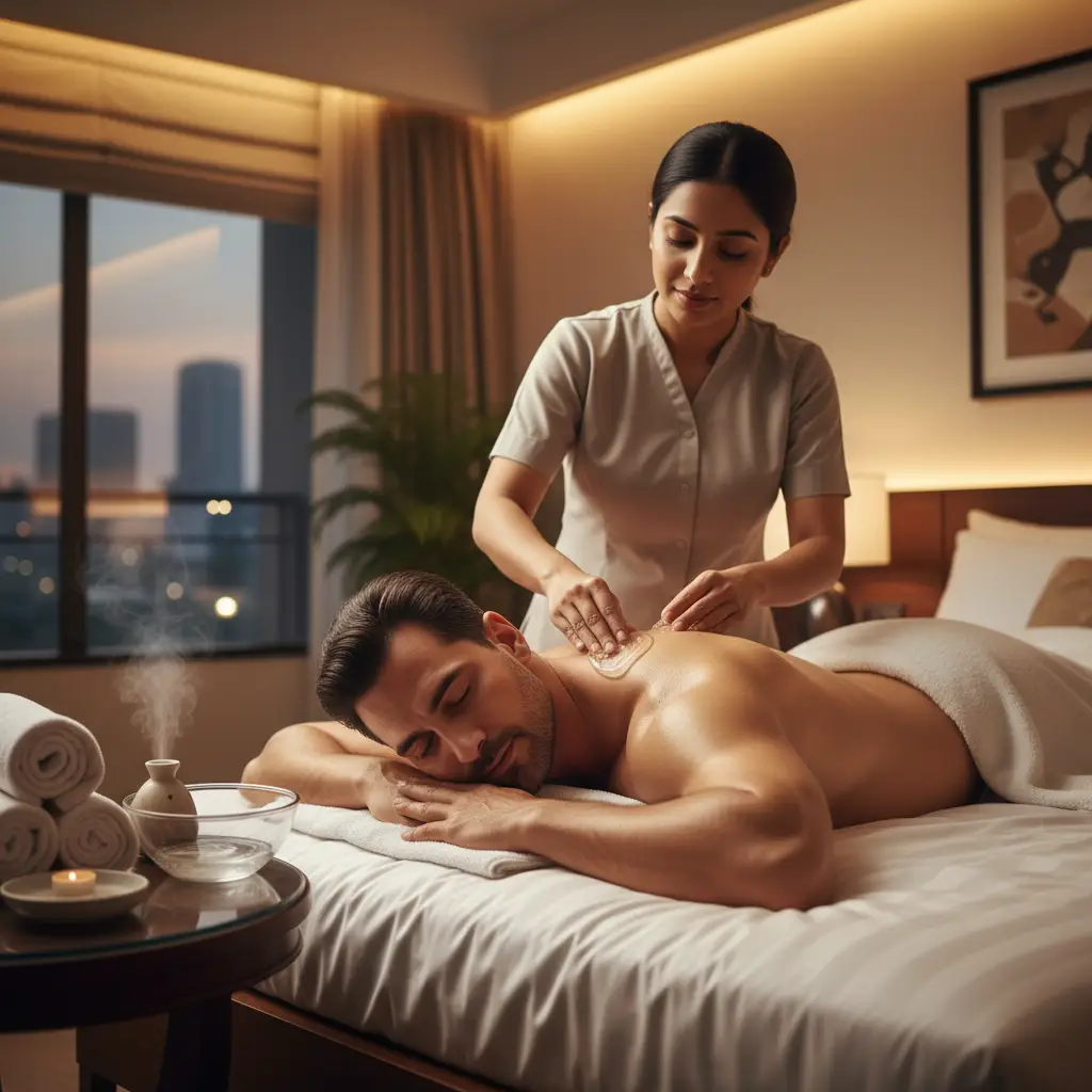 Female Therapist Applying Warm Nuru Gel On Male Client Before Massage Session In Home Spa Setting