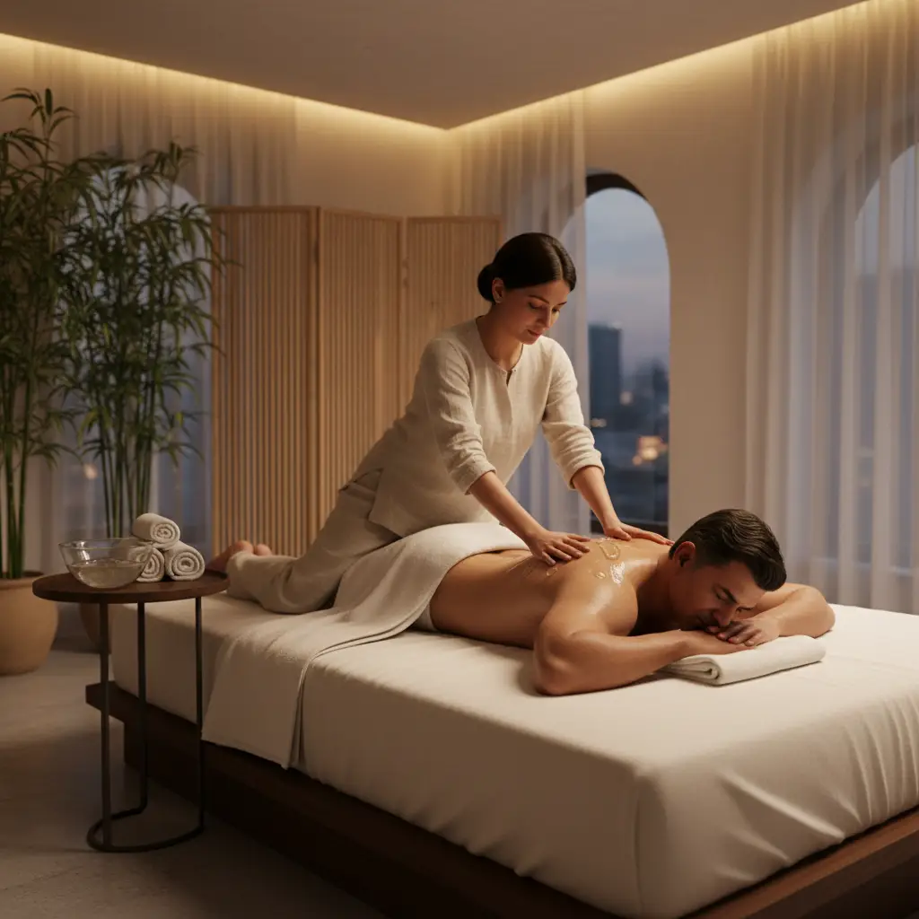 Female Therapist Demonstrating Gentle Full Body Sliding Massage Techniques On Male Client In Home Spa Setting