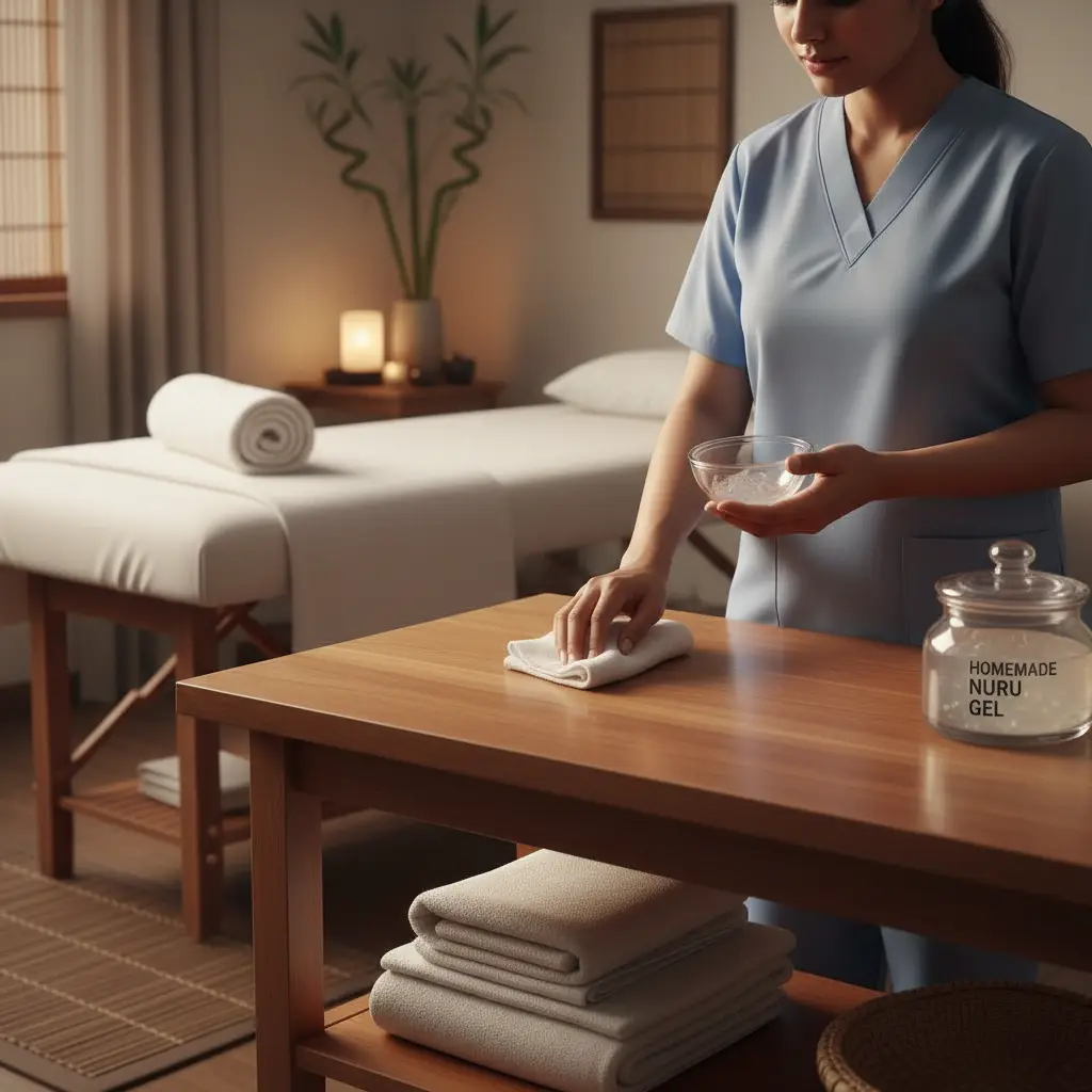 Female Therapist Cleaning Up And Safely Storing Leftover Homemade Nuru Gel In Home Spa Setting In Mumbai