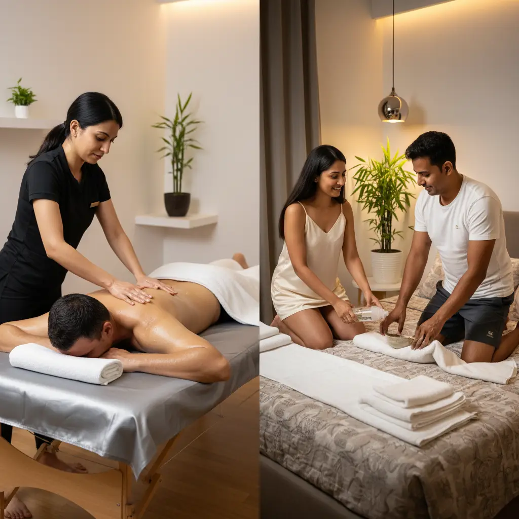 Comparison Of Diy Nuru Massage Setup At Home Versus Professional Nuru Massage With Female Therapist And Male Client In Mumbai
