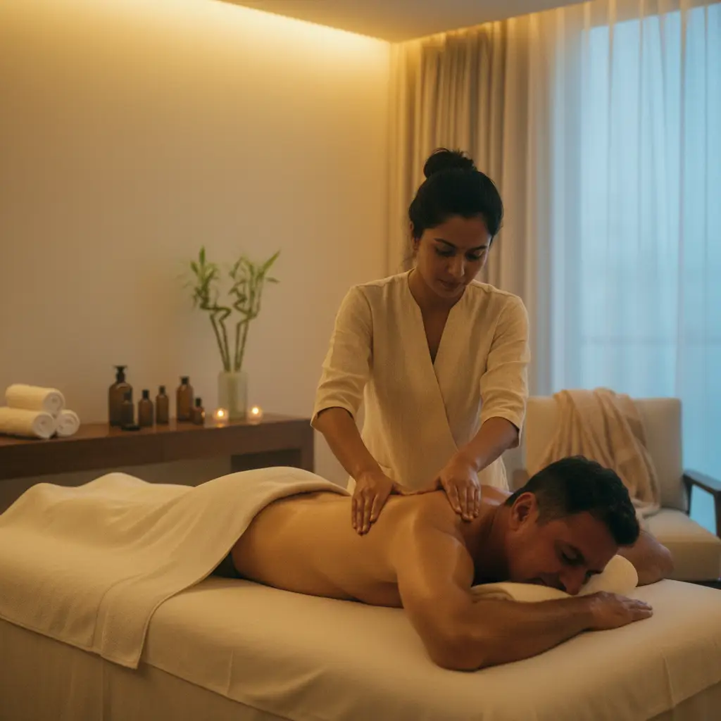 Female Therapist Concluding Nuru Massage With Gentle Hand Strokes For Male Client In Home Spa Setting