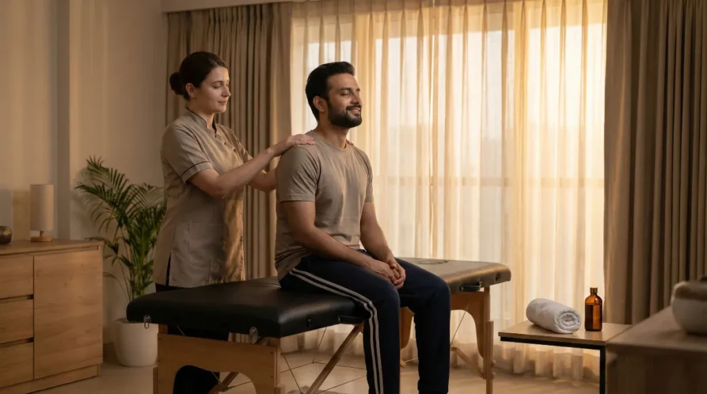 Man Relaxing Peacefully During Home Massage Therapy