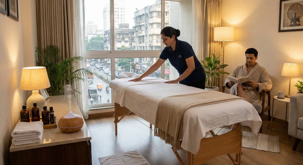 Professional Therapist Preparing Portable Table For Full Body Massage At Home Service