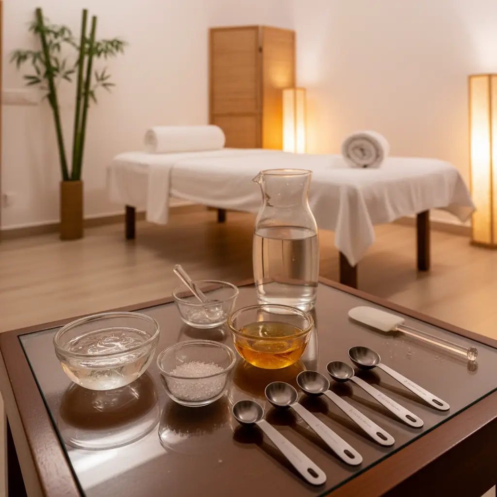 Ingredients And Tools Laid Out For Preparing Safe Homemade Nuru Gel In A Professional Home Spa Setup In Mumbai