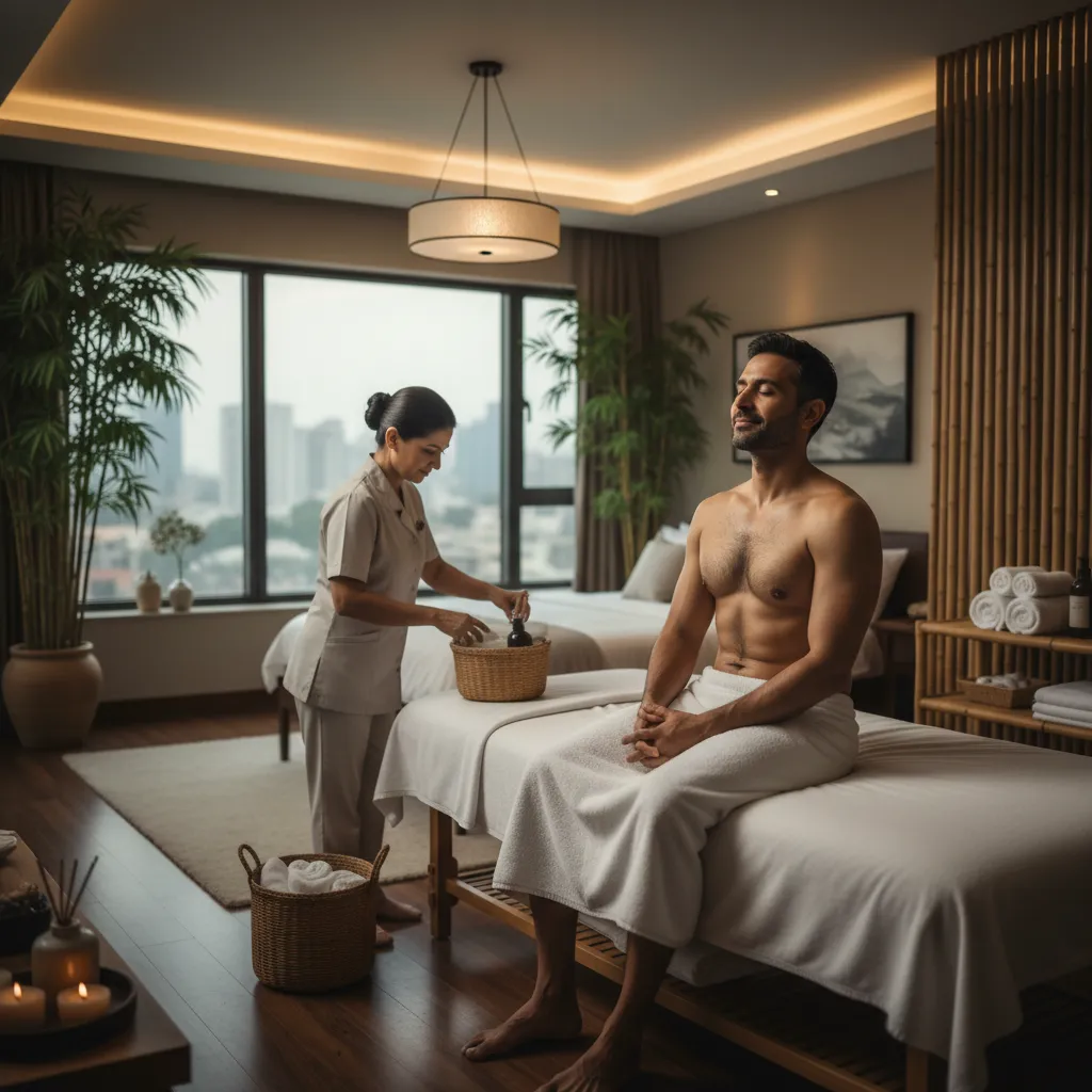 Female Therapist Organizing Spa Setup While Male Client Feels Relaxed After Professional Nuru Massage Session