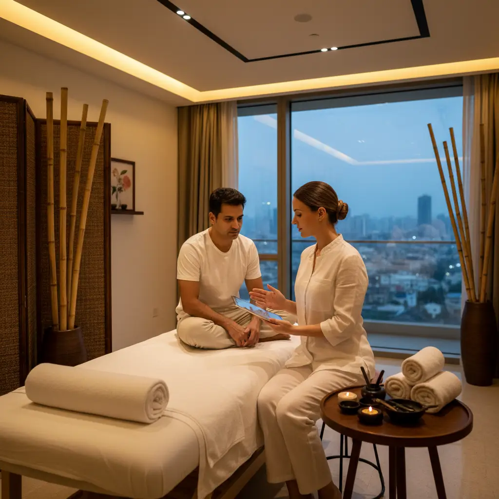 Female Therapist Explaining Nuru Massage Pricing To Male Client In Home Spa Setting In Mumbai