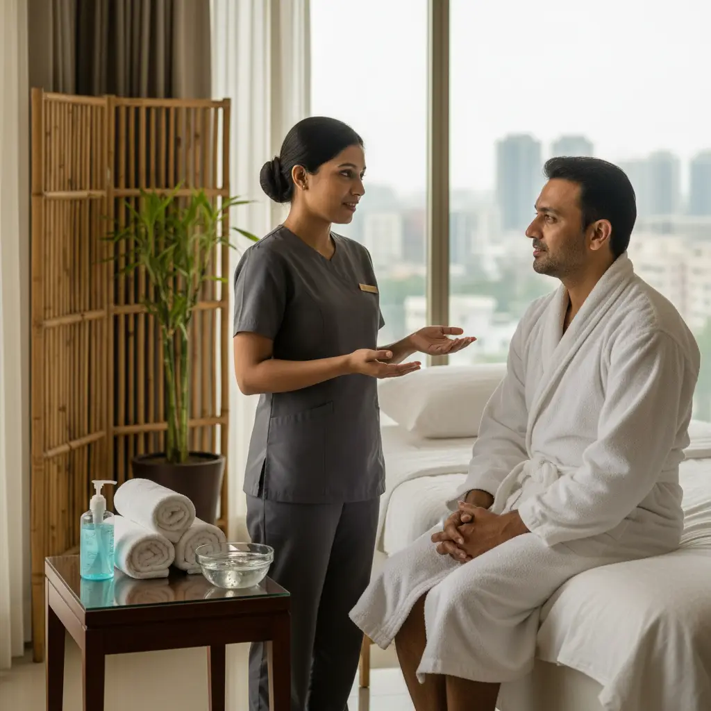 Female Therapist Discussing Hygiene And Consent Before Professional Nuru Massage Session With Male Client