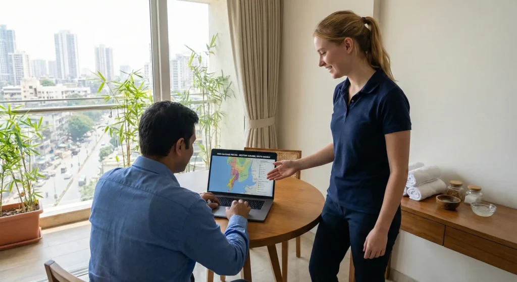 Us Male Client Reviewing Mumbai Nuru Massage Prices On A Map With Young, Fair-Skinned American Female Therapist In Home Spa Setting