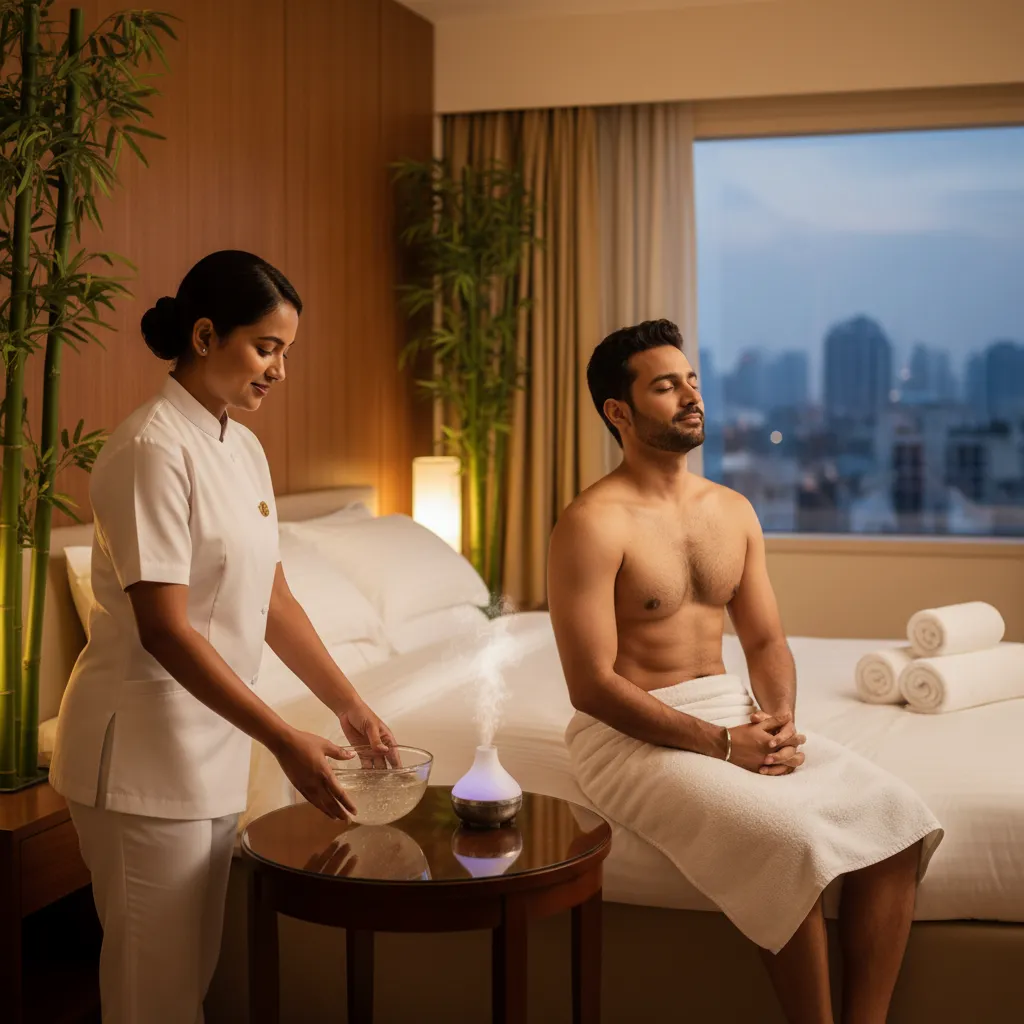 Female Therapist Preparing Bed And Nuru Gel Setup For Male Client In Private Spa Environment