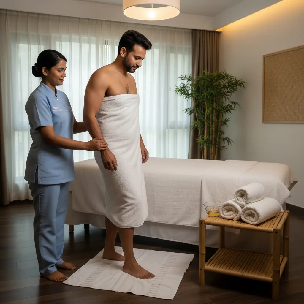 Female Therapist Ensuring Safety And Risk Awareness For Male Client During Nuru Massage Session In Home Spa Setting