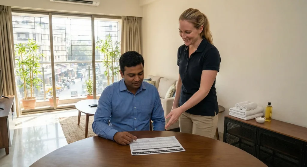 Client Reviewing Nuru Massage Costs With Female Therapist In Home Spa Setting In Mumbai