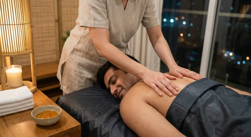 Professional Erotic Massage In Mumbai Showing Male Client Enjoying Guided, Safe, And Deeply Relaxing Session At Home Or Hotel