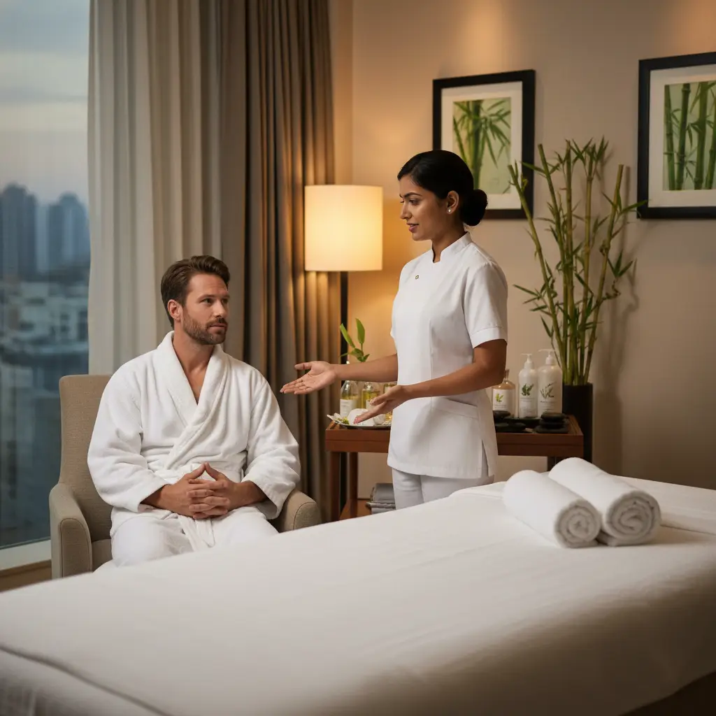 Female Therapist Discussing Professional Nuru Massage Session With Male Client In Hotel Spa Setting