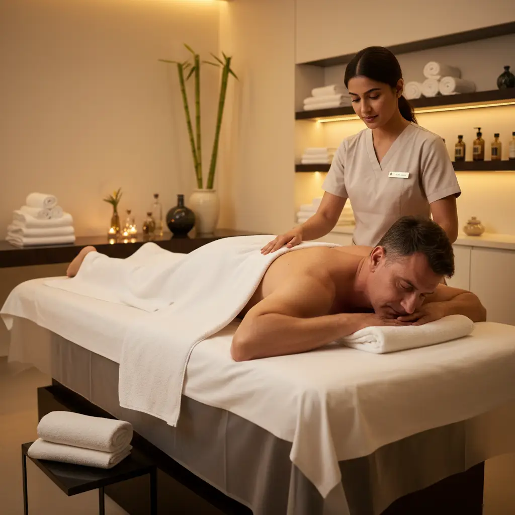 Female Therapist Assisting Male Client Safely Turning Over During Professional Nuru Massage Session