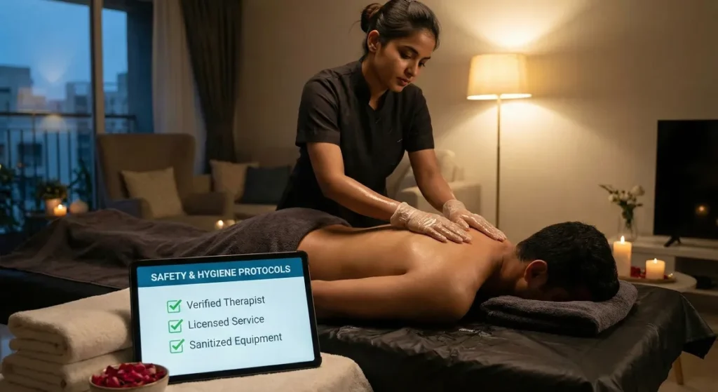 Safe And Legal Erotic Massage In Mumbai Showing Professional Therapist, Hygiene Checklist, And Client Relaxation