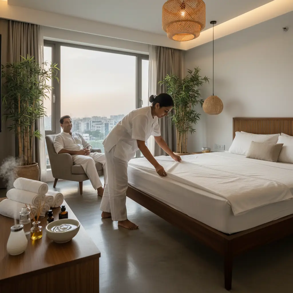 Female Therapist Preparing Safe Home Setup With Waterproof Sheets And Nuru Gel For Male Client Massage Session