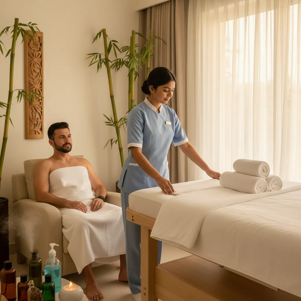 Female Therapist Preparing Hygienic Massage Setup For Male Client In Professional Nuru Massage Session