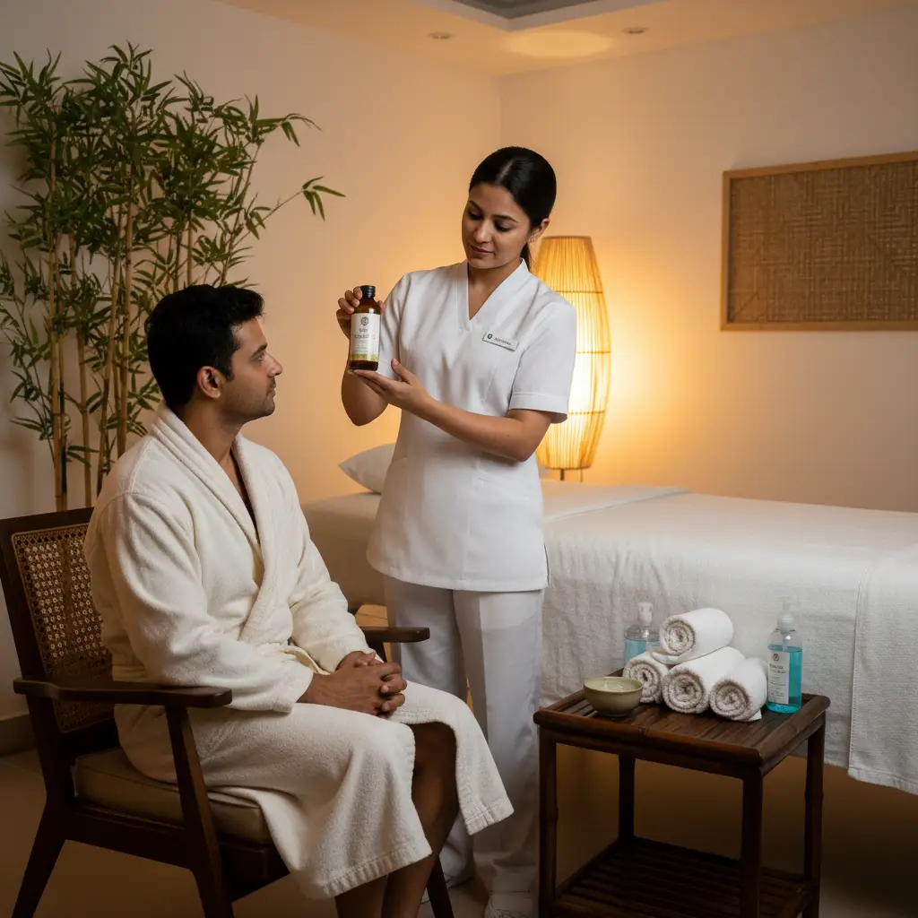 Female Therapist Demonstrating Hygiene And Safety Protocols For Male Client During Nuru Massage Session In Home Spa Setting