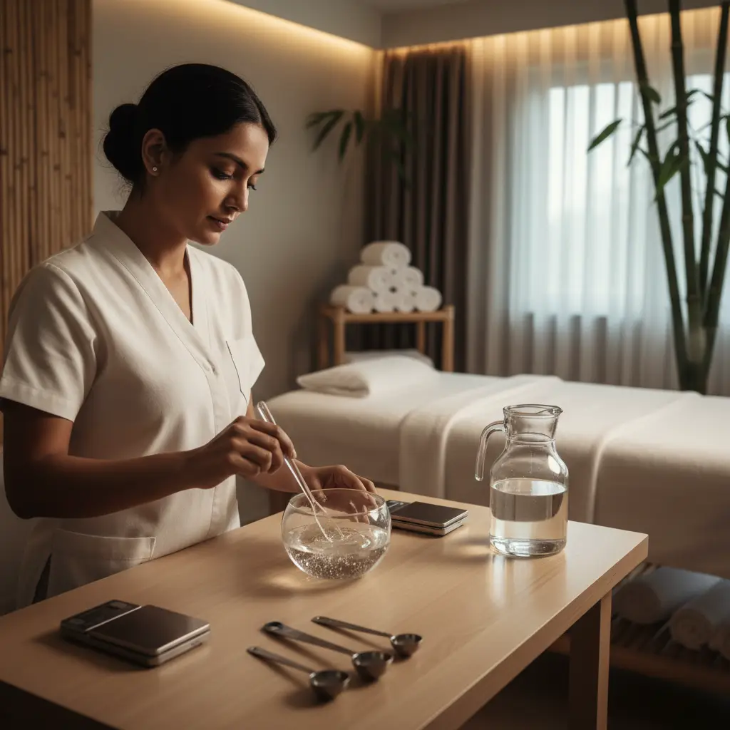 Female Therapist Preparing Basic Nuru Massage Gel At Home In Mumbai With Ingredients And Mixing Tools