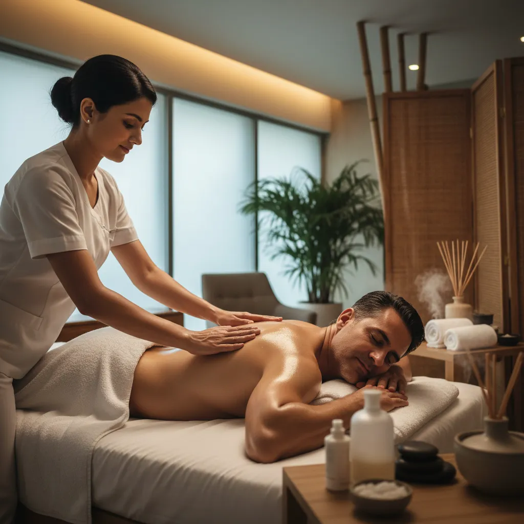 Female Therapist Performing Professional Nuru Massage Session For Male Client In Relaxing Spa Setting