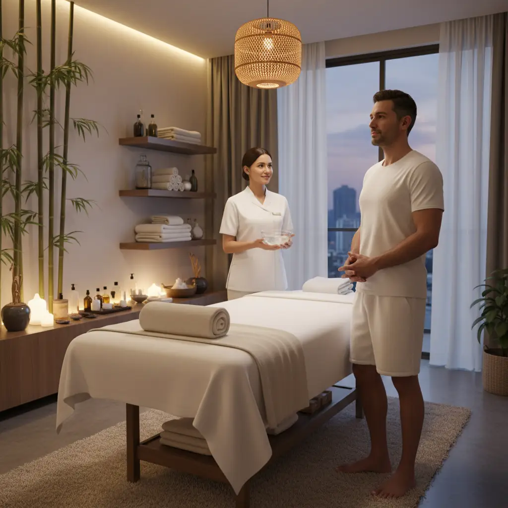 Female Therapist Explaining Nuru Massage Gel And Setup To Male Client In Calm Home Spa Environment