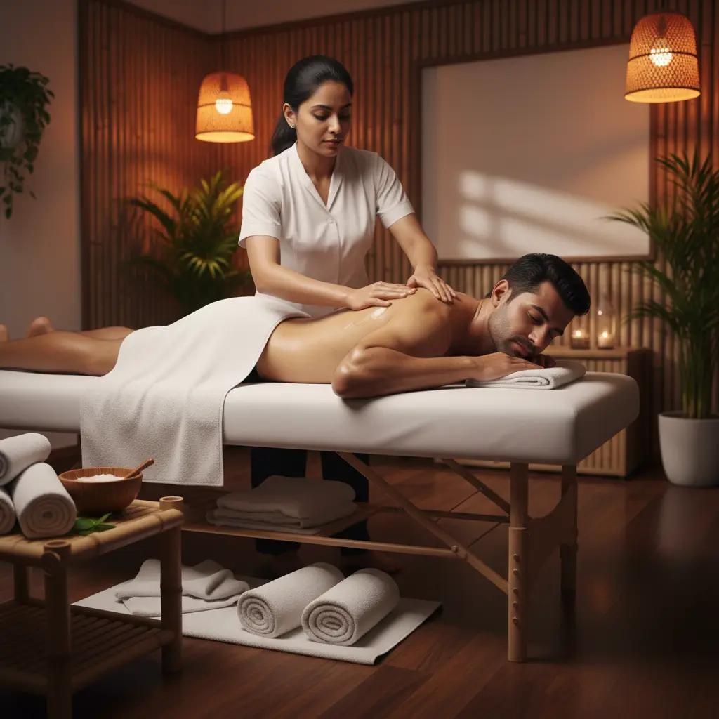 Female Therapist Applying Homemade Nuru Gel Safely On Male Client During Professional Home Spa Session In Mumbai