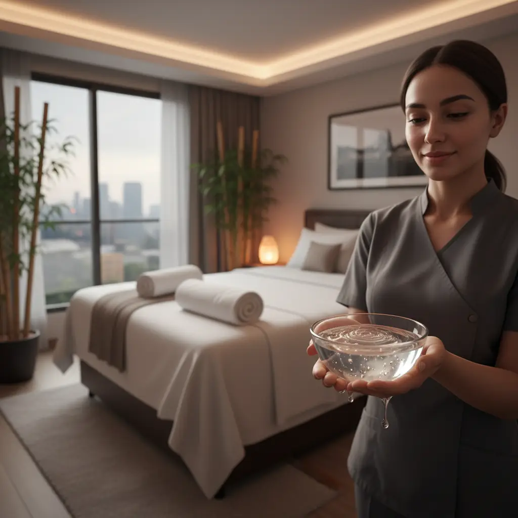 Female Therapist Showing Transparent Nuru Gel With Unique Slippery Texture For Full-Body Massage In Home Spa Setting