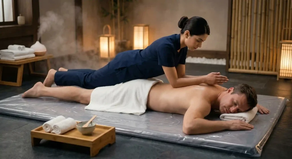 Nuru Body Glide Technique Using Smooth Flowing Body Movements In A Professional Spa Setting