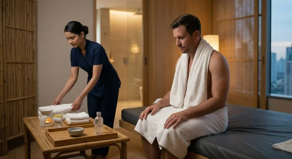 Client Relaxing After A Nuru Massage Session Before Showering In A Calm Spa Environment