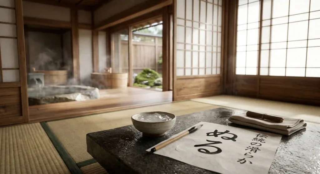 Cultural depiction of the origins of Japanese nuru massage and its traditional wellness practices