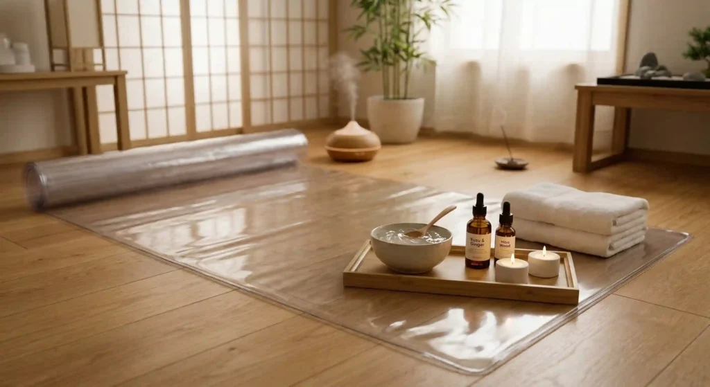 Professional Nuru Massage Mat Setup Prepared In A Calm At-Home Spa Environment